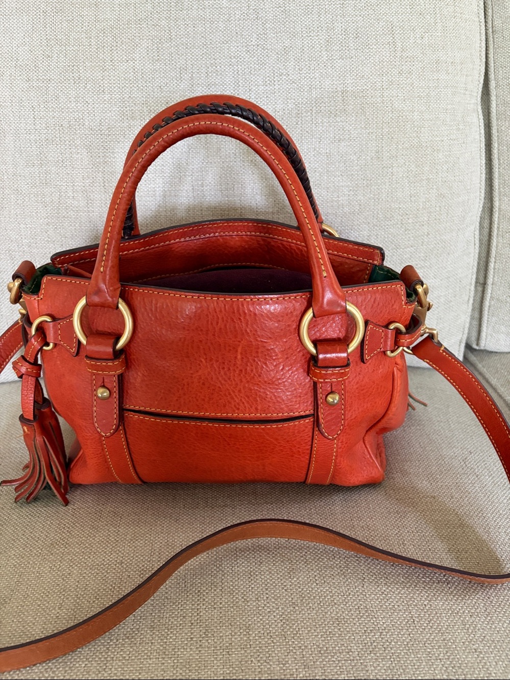 Vintage Dooney & Bourke Bright Orange Leather Satchel with Gold Hardware - Picture 2 of 4